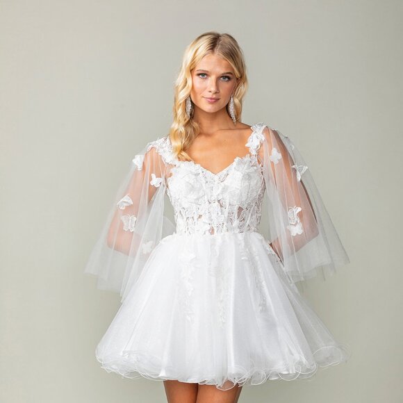 New Off White Mini Bridal Dress w/ Cape Sleeves & Butterfly Applqiue DQ 3393 - Picture 7 of 9